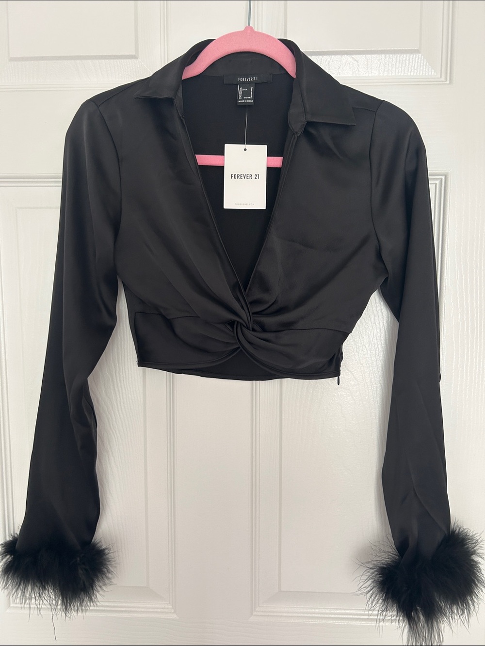 Forever 21 Black Satin Twist-Front Crop Top with Feather Cuffs